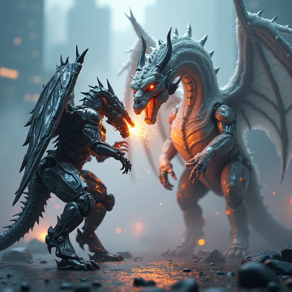 Mecha Dragon vs Ethereal Ghost in Sci-Fi Metropolis