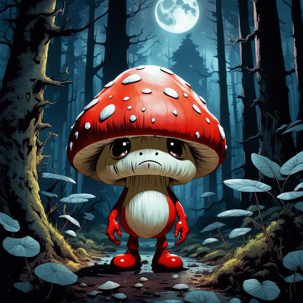 Grumpy Mushroom Devil in Sci-Fi Comics Style