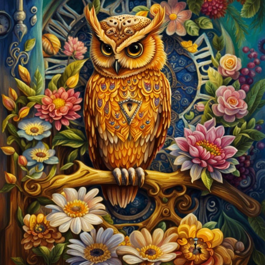 Owl Surrounded by Flowers and Decorative Clocks