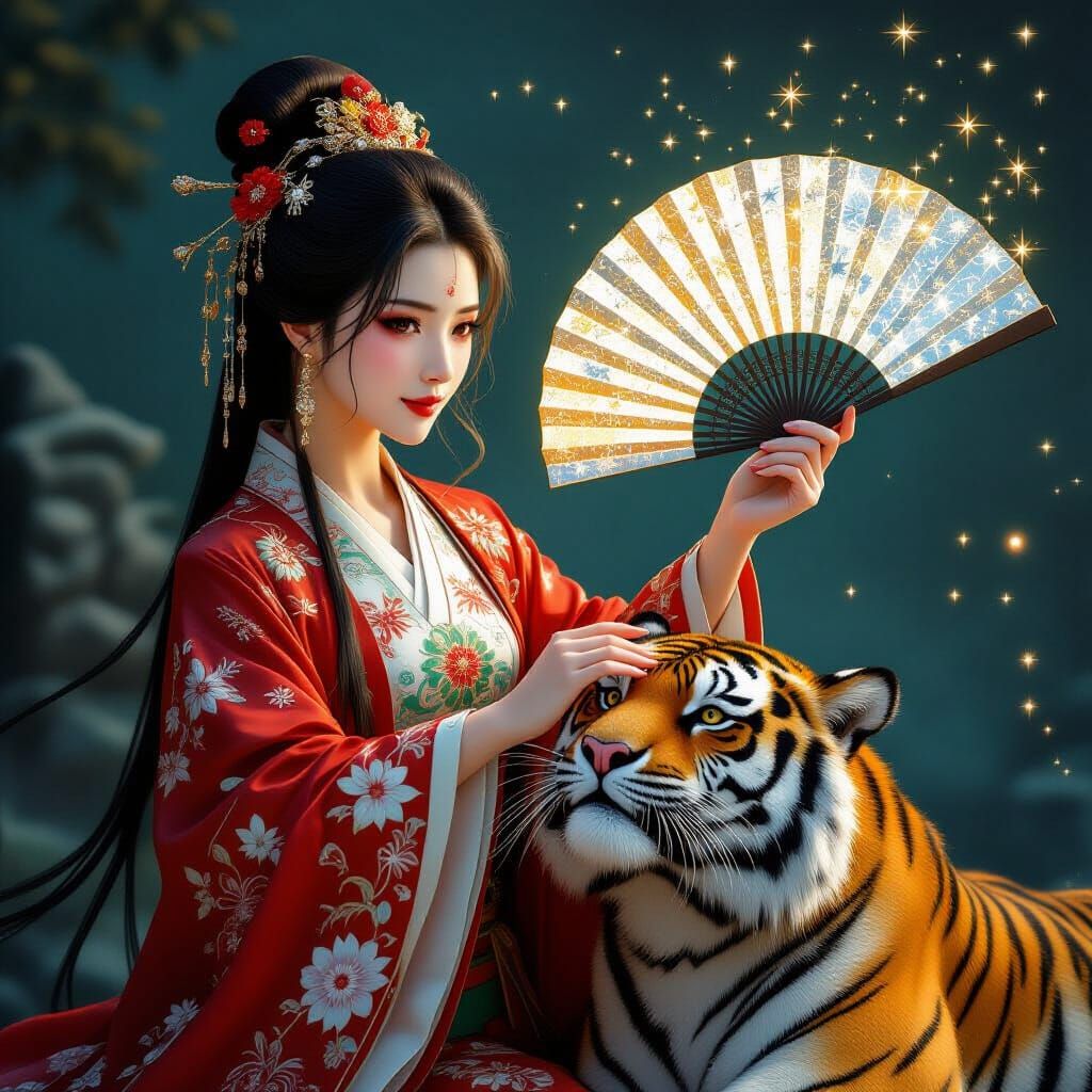 Ancient Chinese Woman Wields Starry Fan Against Tiger