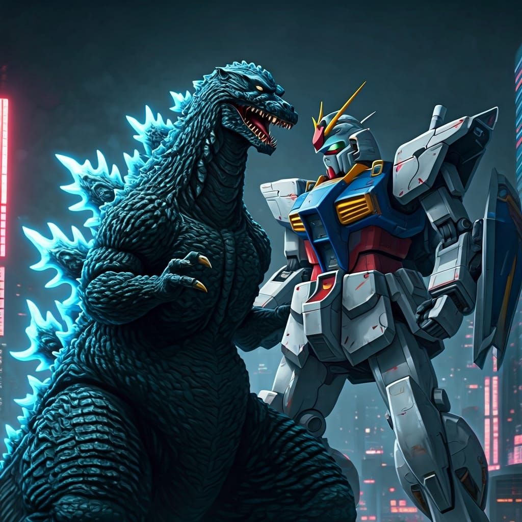 Godzilla vs Gundam in Neon Tokyo