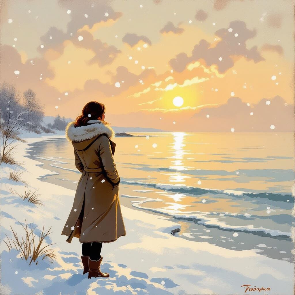 Woman Gazing at Winter Sea: Romantic Landscape