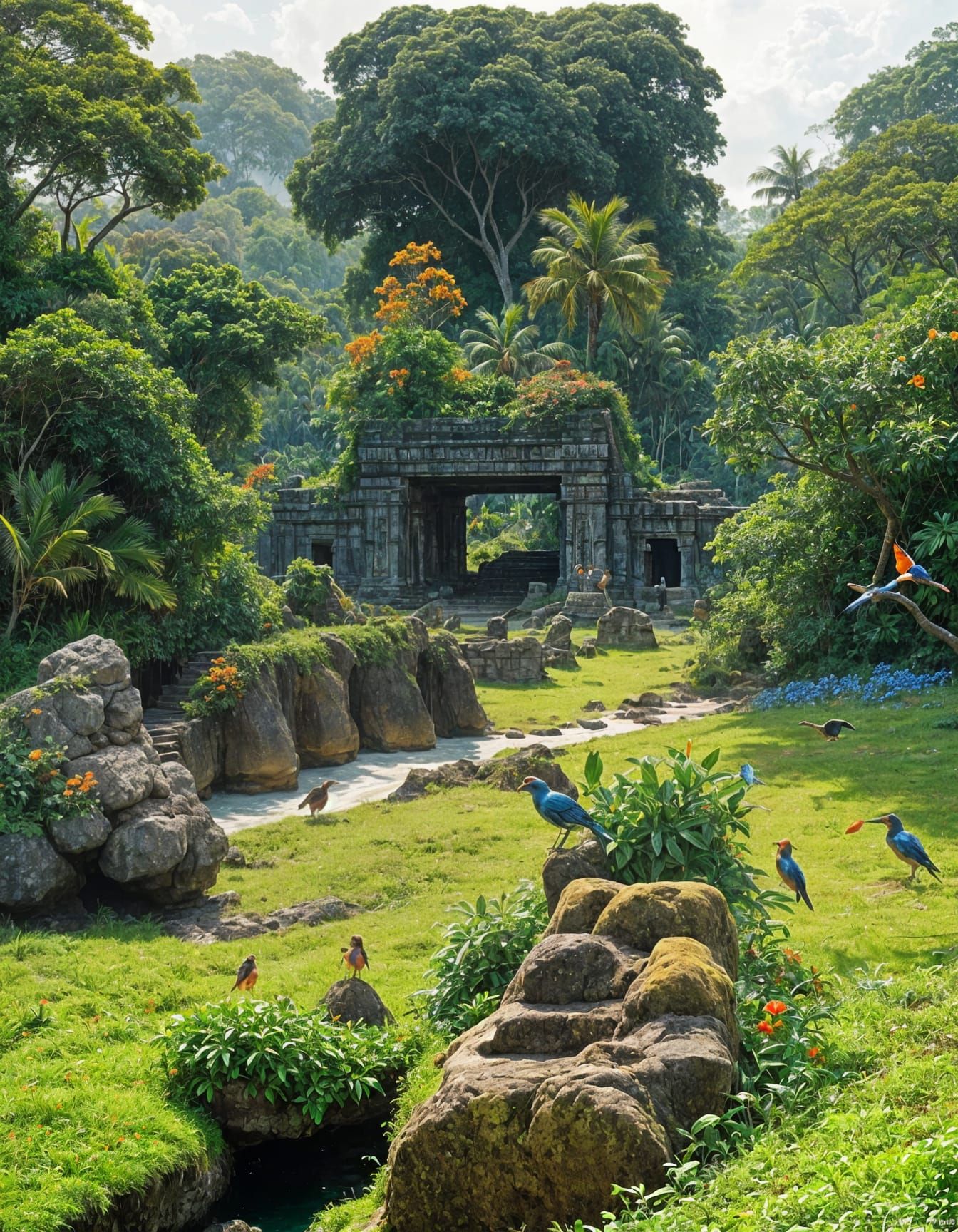Mayan Ruins in Tropical Forest at Sunrise