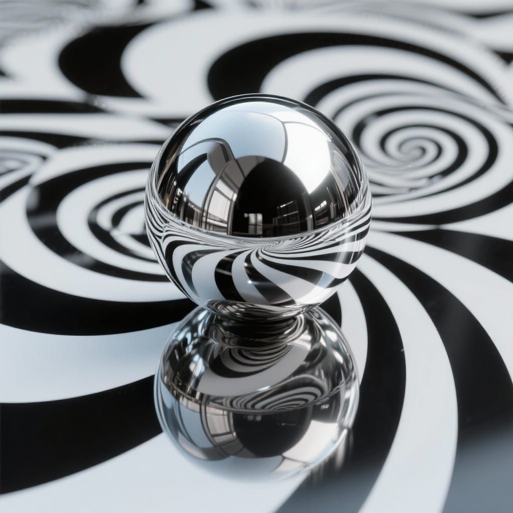 Chrome Sphere Optical Illusion on Mirror