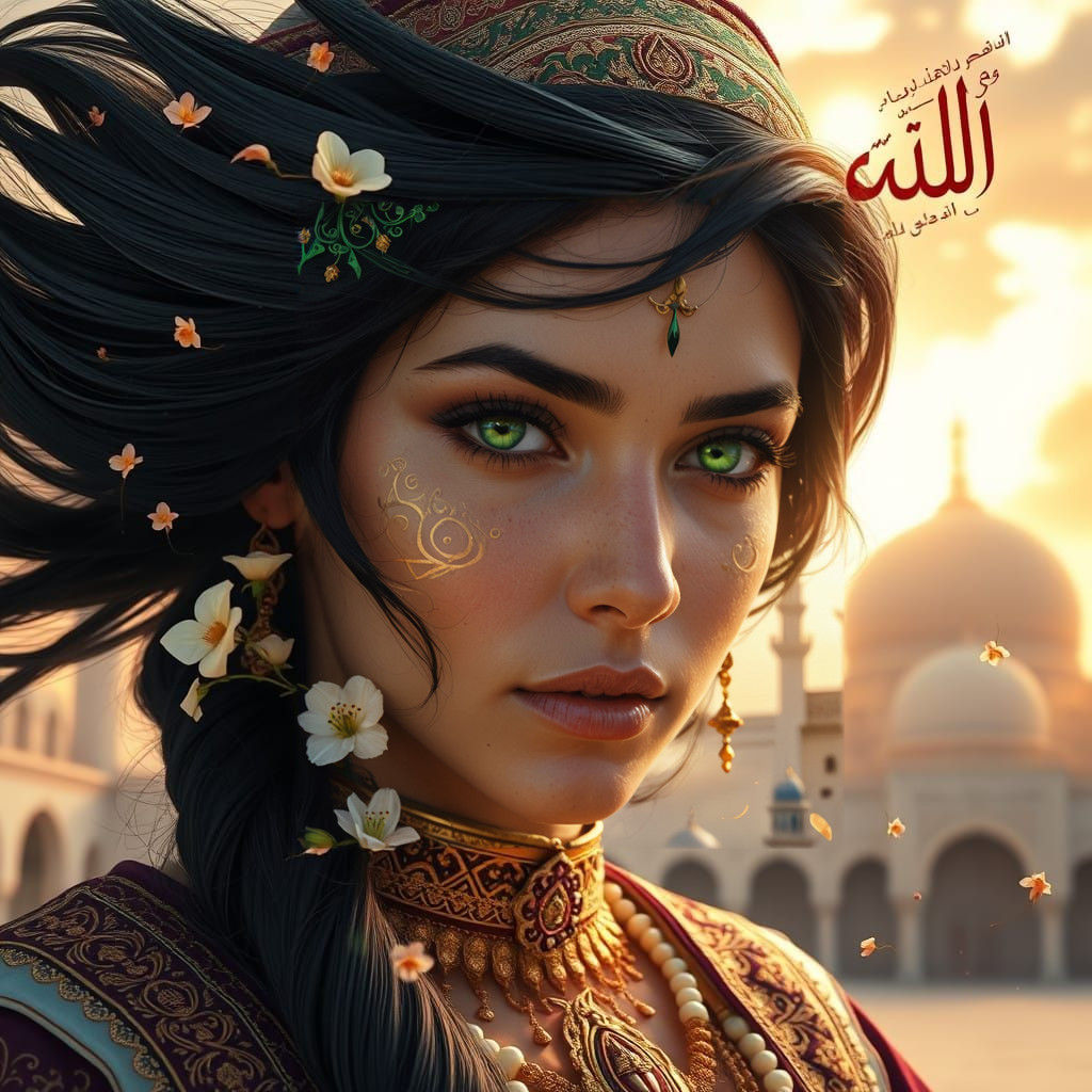 Berber Woman in Ceremonial Attire Against Majestic Mosque