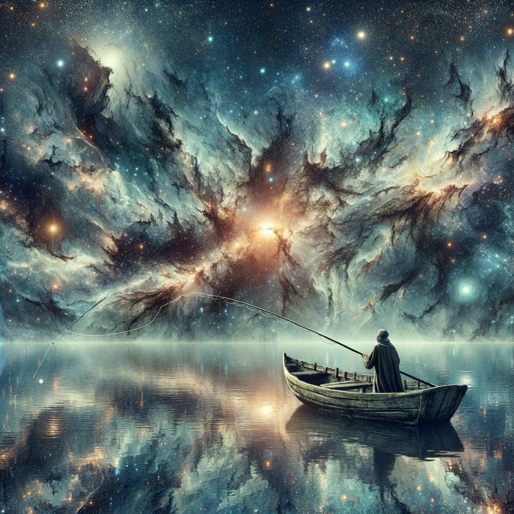 Fisherman Casts Line Into Starry Celestial Sea
