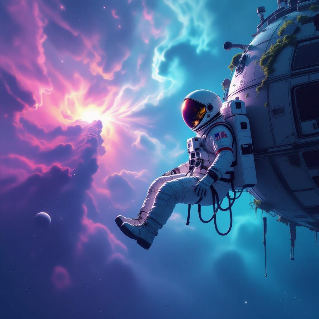 Astronaut Adrift in Space Near Derelict Station