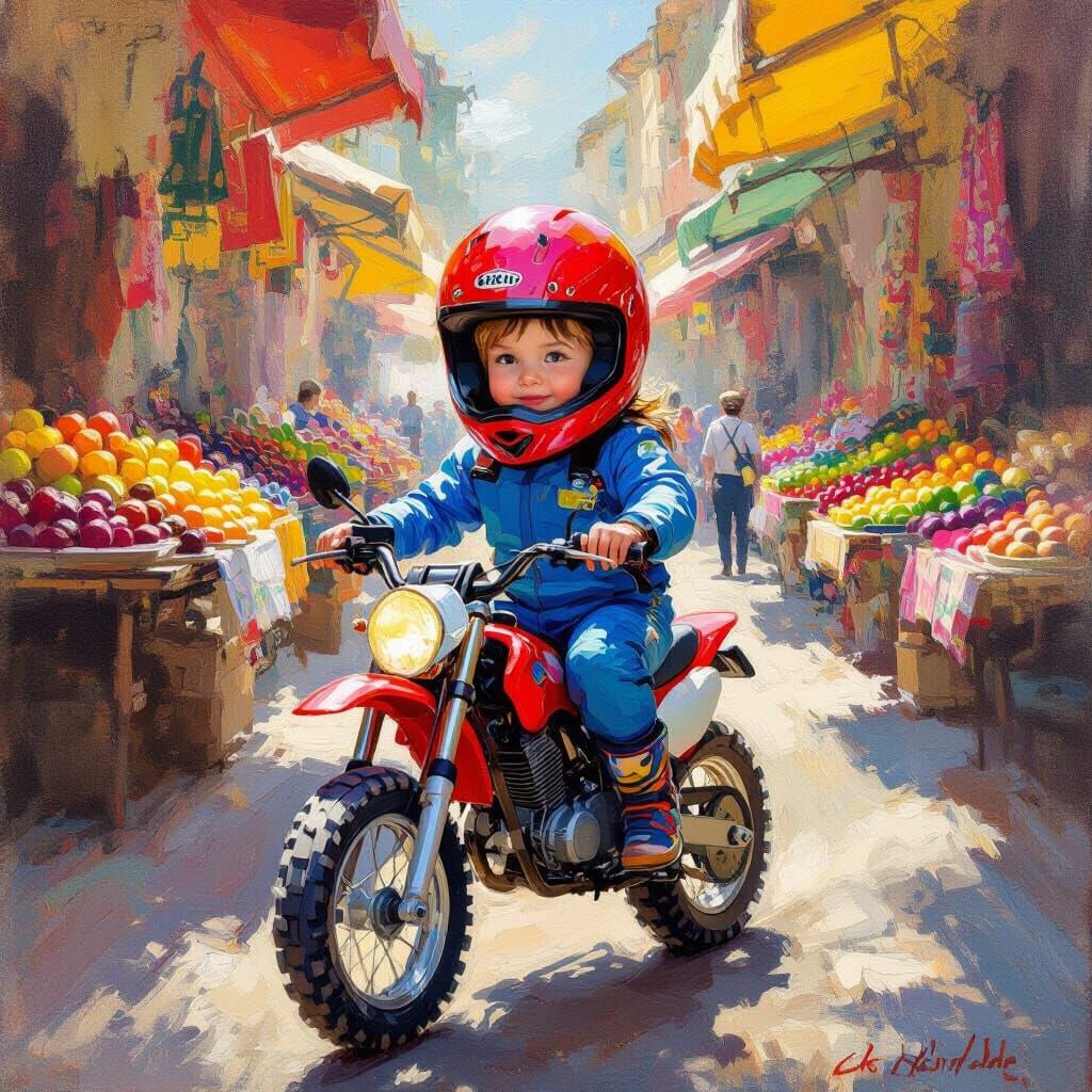 Child on Dirt Bike in Lively Market