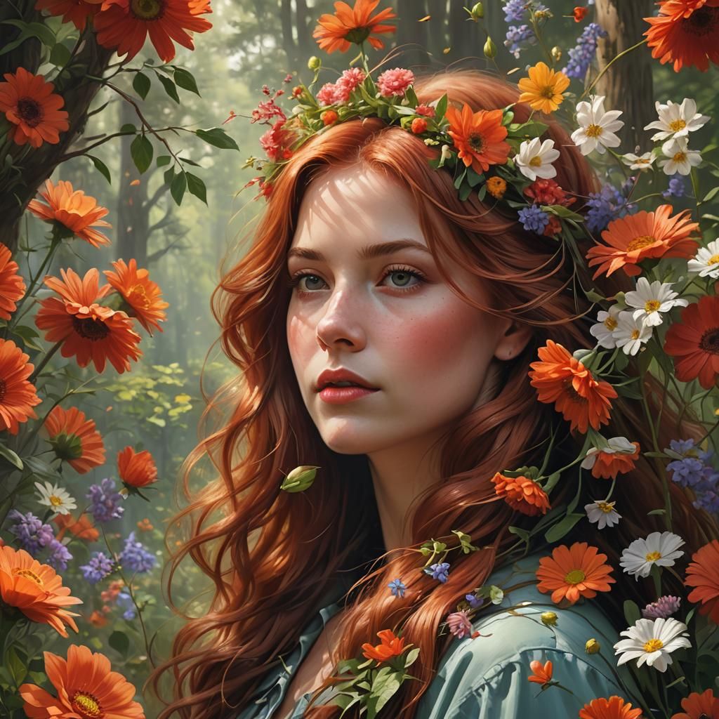 Hyperrealistic Redhead in Forest, Digital Art