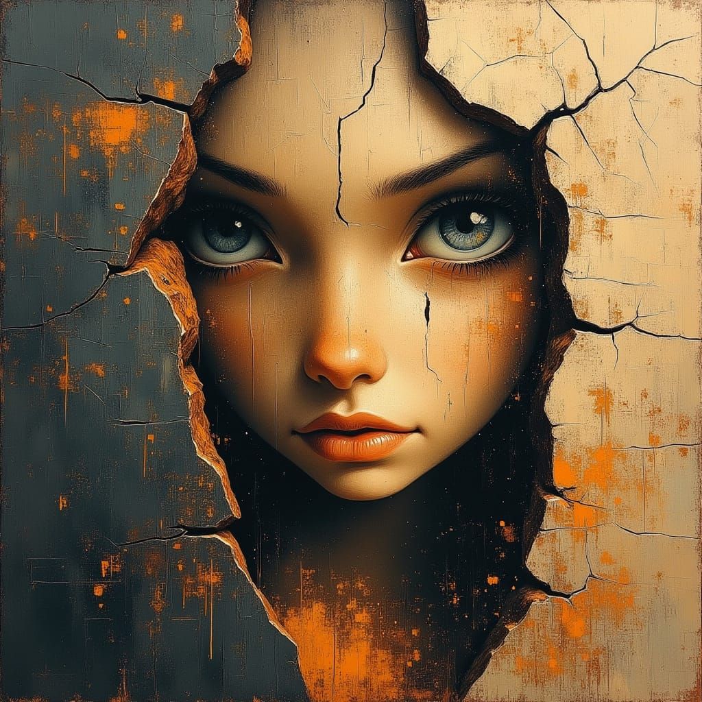 Cracked Face in Ancient Wall: Golden Light