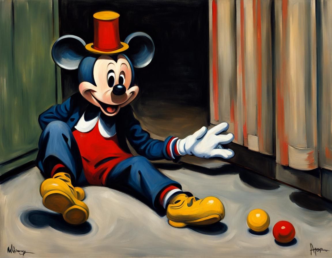 Mickey Mouse Menaced by Clowns in Oil Painting