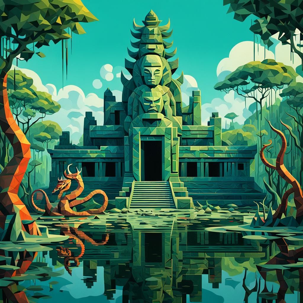 Asian Nagas at Abandoned Temple, in Cubist Style