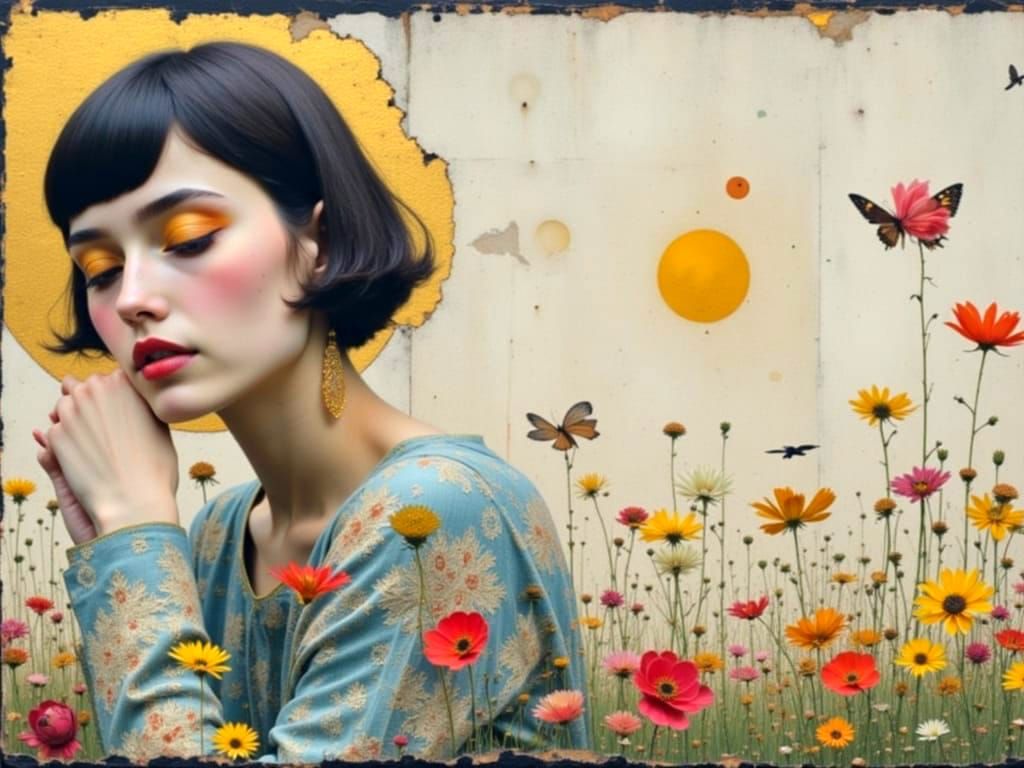 Woman with Floral Background in Klimt Style