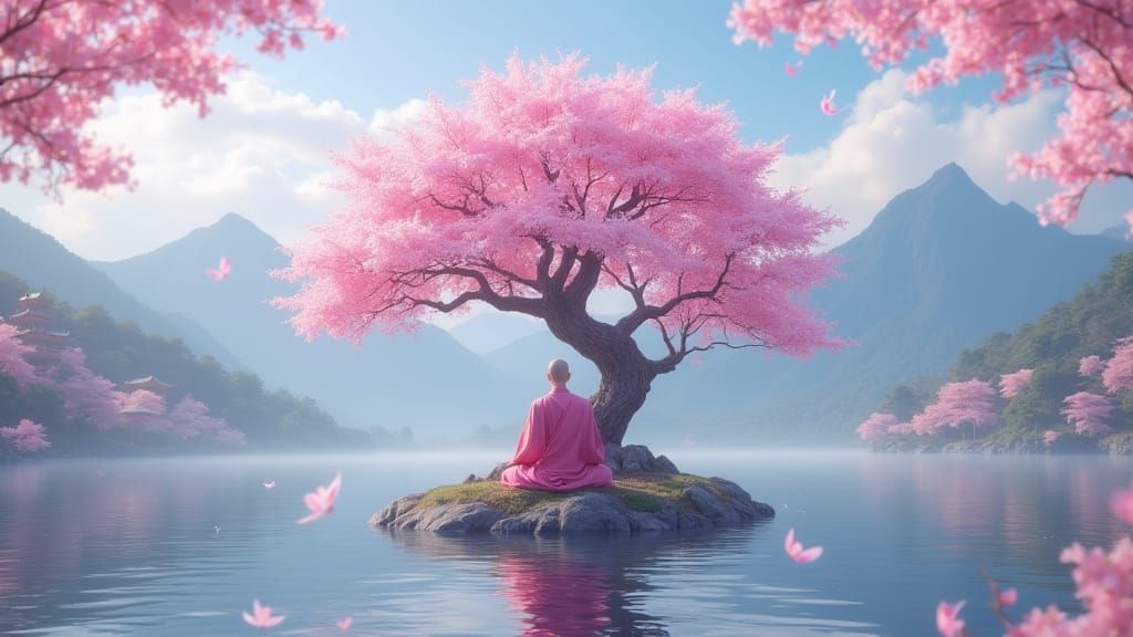 Buddhist Monk in Serene Sakura Setting