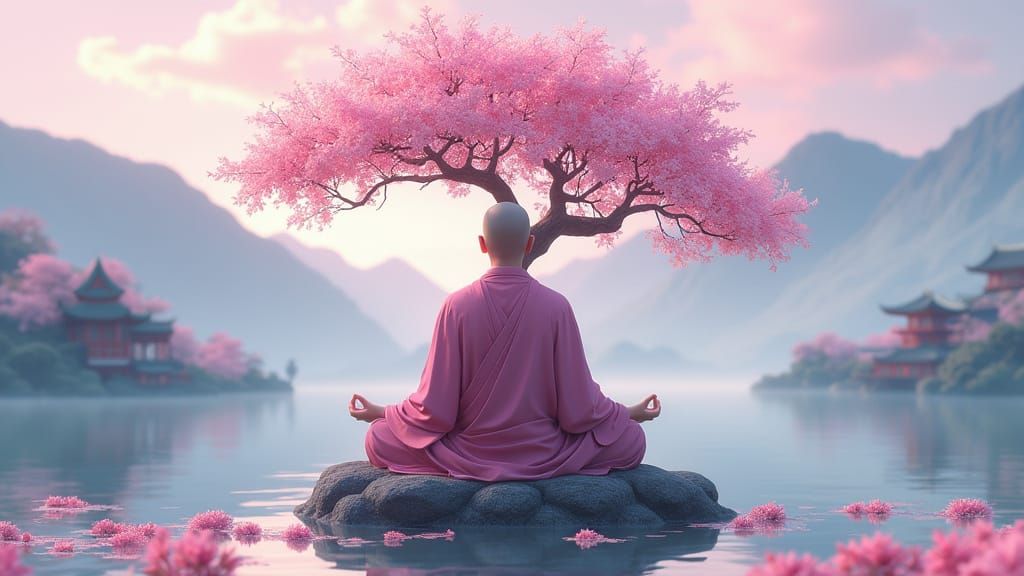 Serenity in Sakura Bloom - Ancient Temple Scene in Anime Sty...