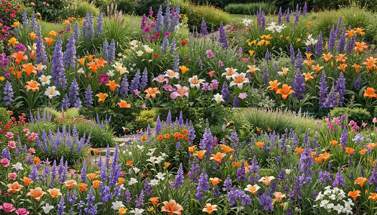 Sun-Drenched Flower Garden with Pollinating Bees