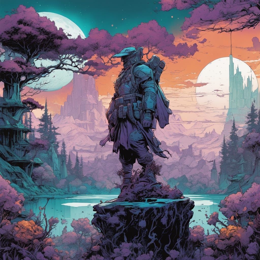 Surreal Post-Apocalyptic Bonsai Pot in Vibrant Digital Water...