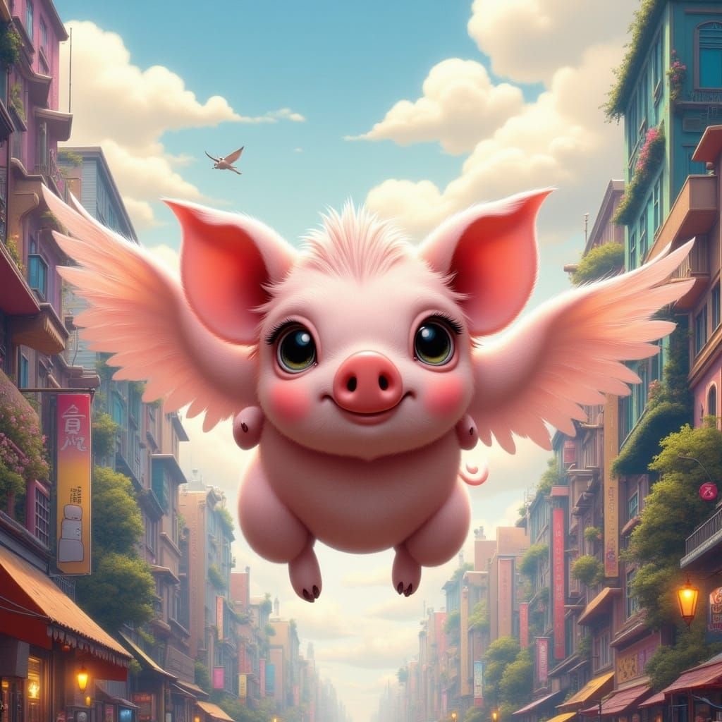 Whimsical City Bird Pig Soars in Wonder