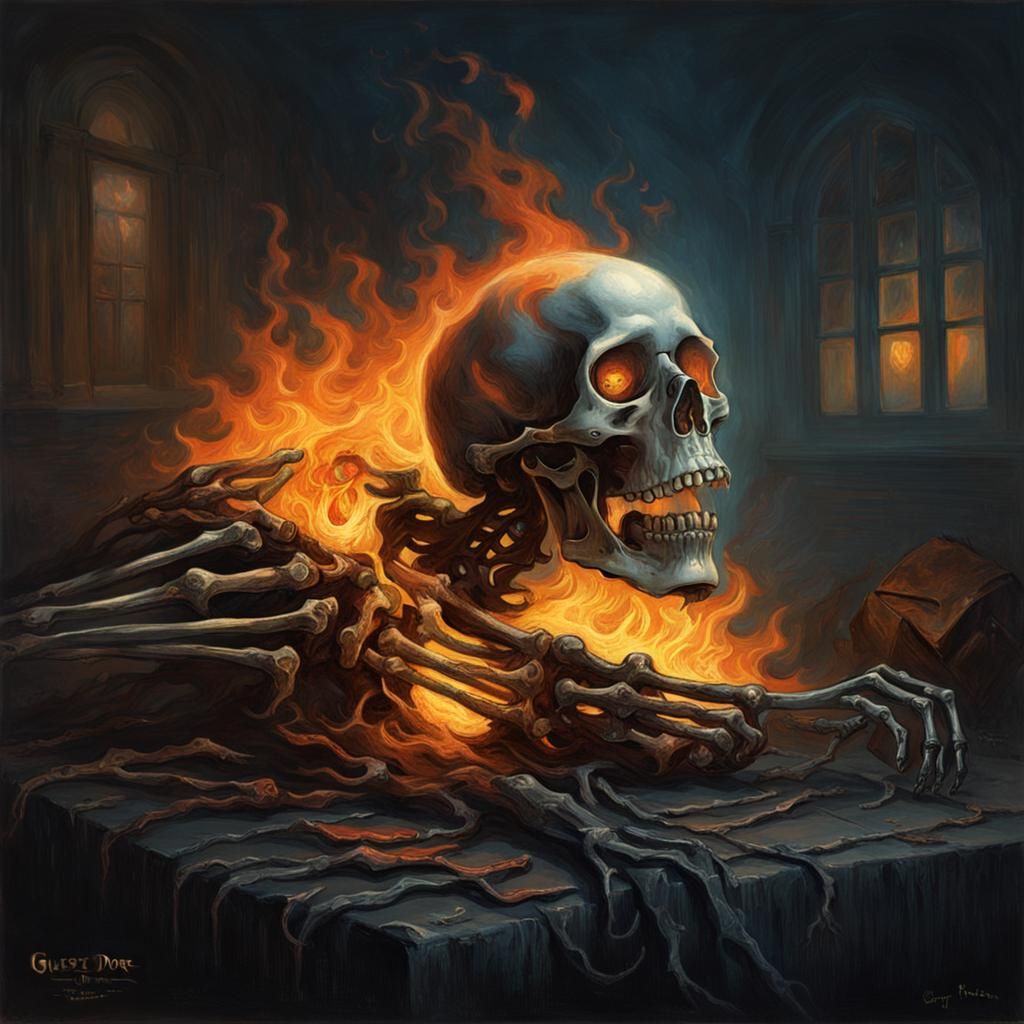 Fiery Skeleton Head in Leather Jacket