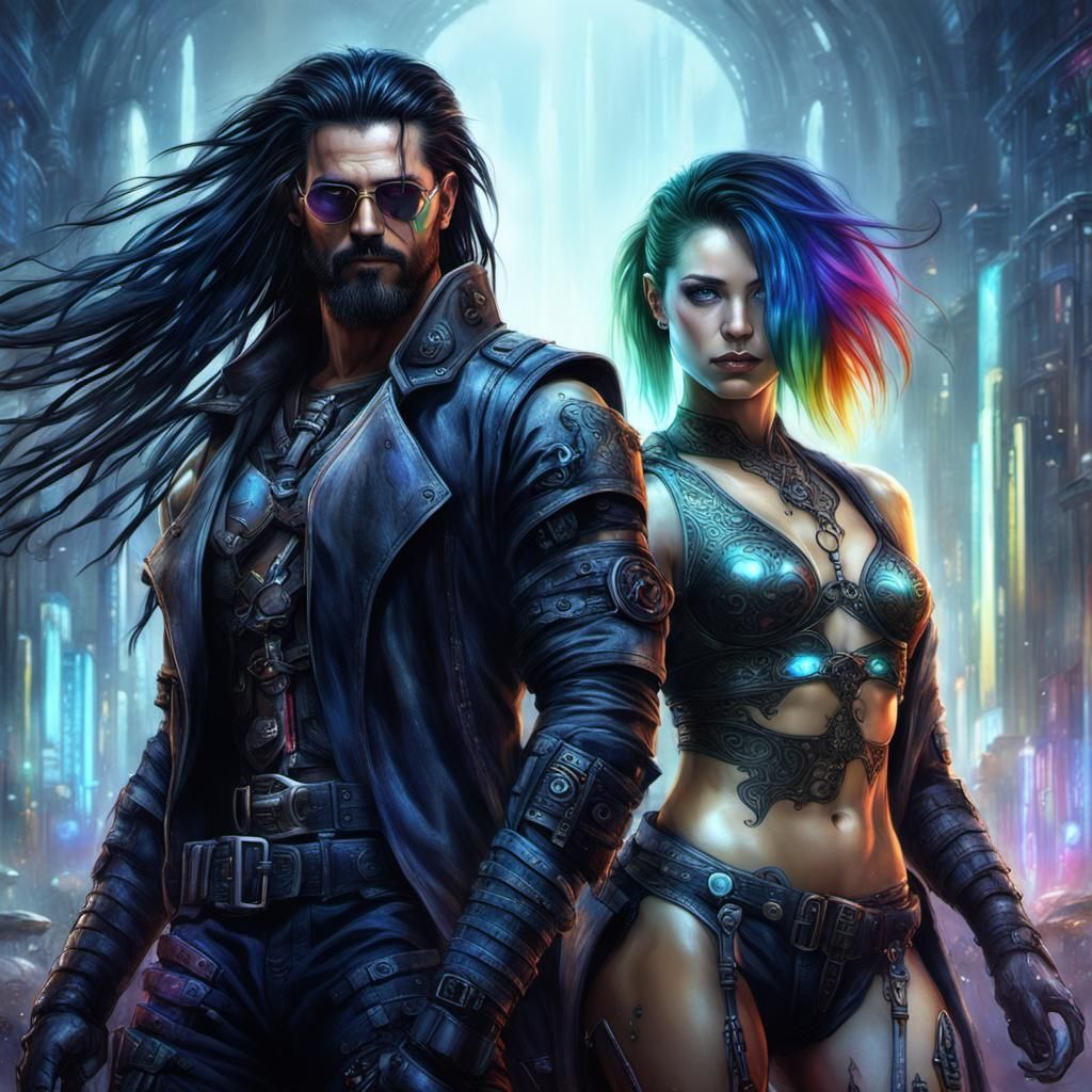 Sensual Cyberpunk Couple in Detailed Matte Painting Style