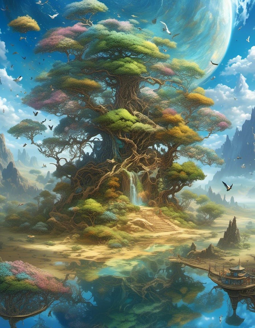 Baobab Tree Oasis with Birds in Desert Scene