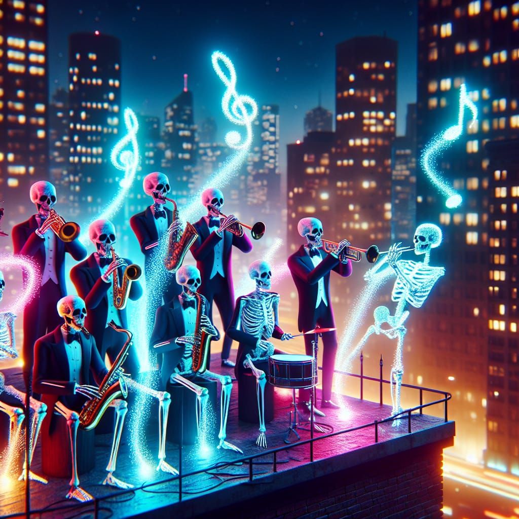 Skeleton Jazz Band Performs on Rooftop Amidst Neon Cityscape