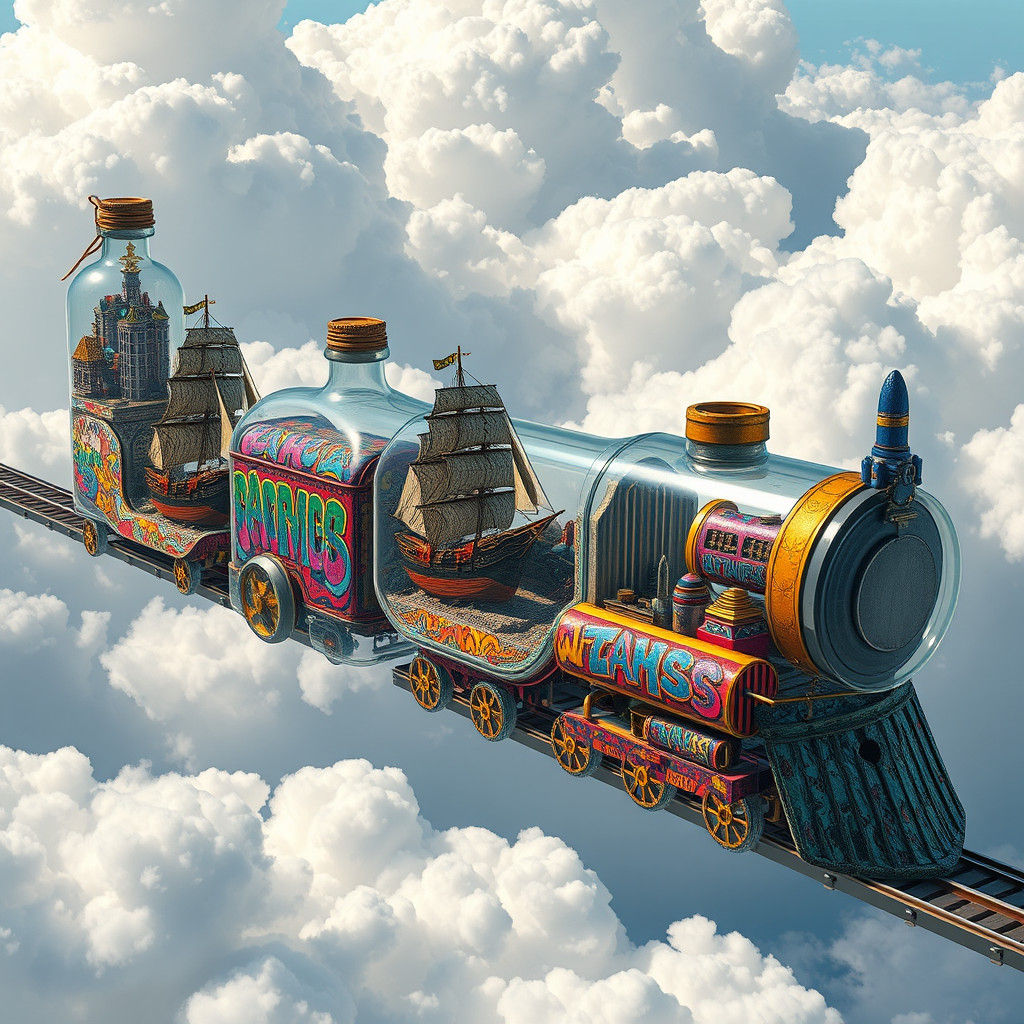 Glass Bottle Train Floating Among Clouds