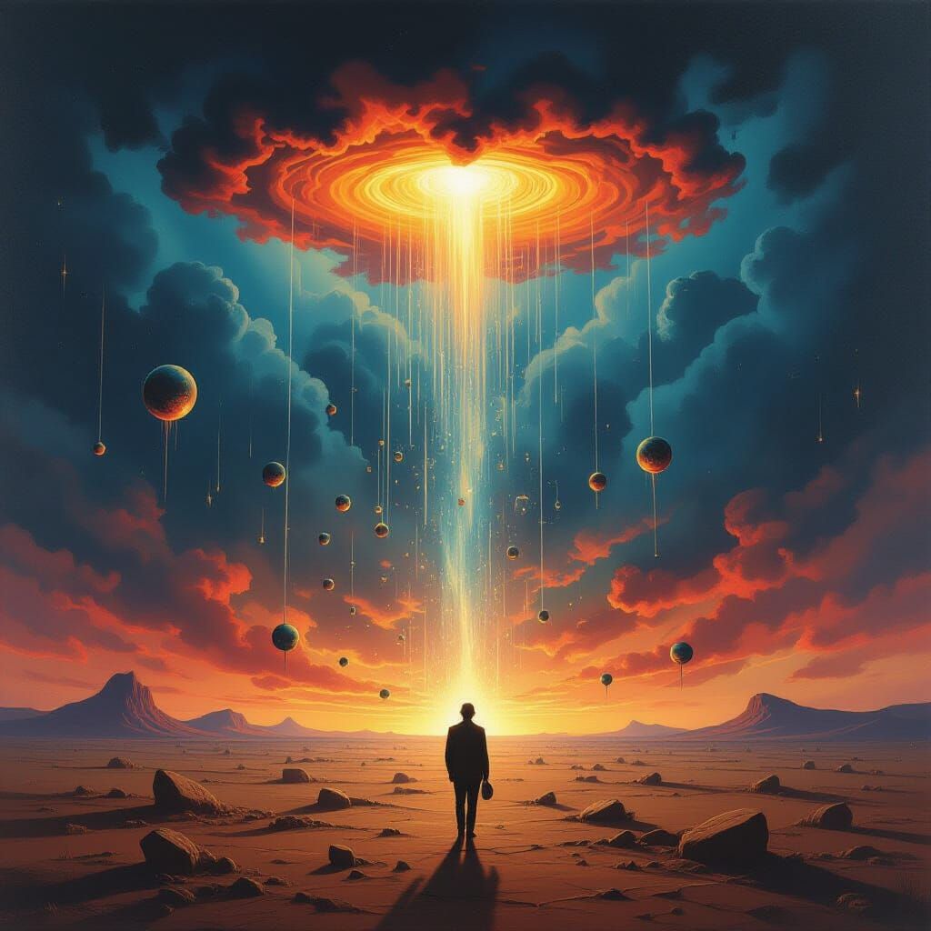 Surrealist Oil Painting of Sky Raining Objects on Alien Land...