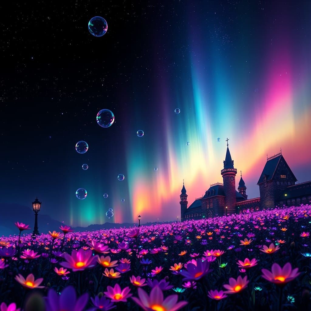 Fluorescent Aurora Lights Medieval Vardo in Meadow