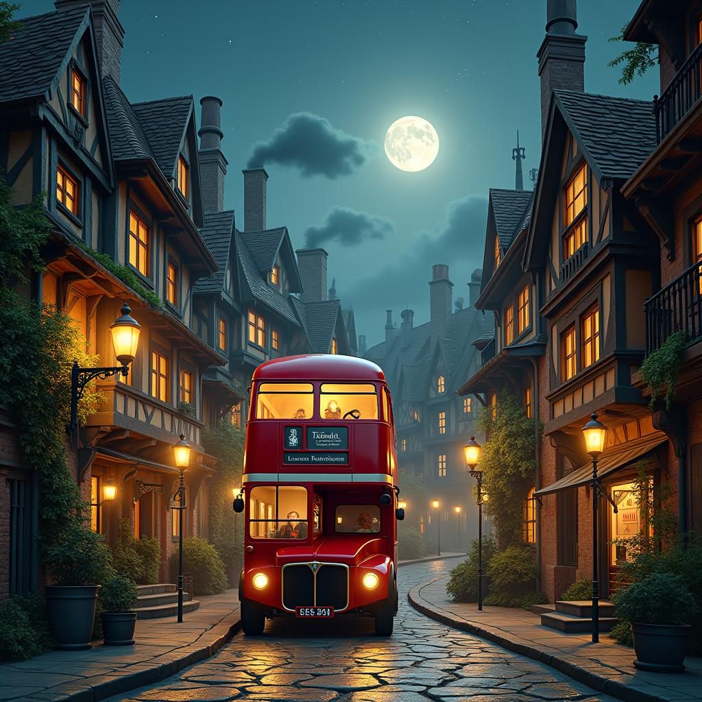 Red Bus in Cozy Cityscape: Fantasy Matte Painting