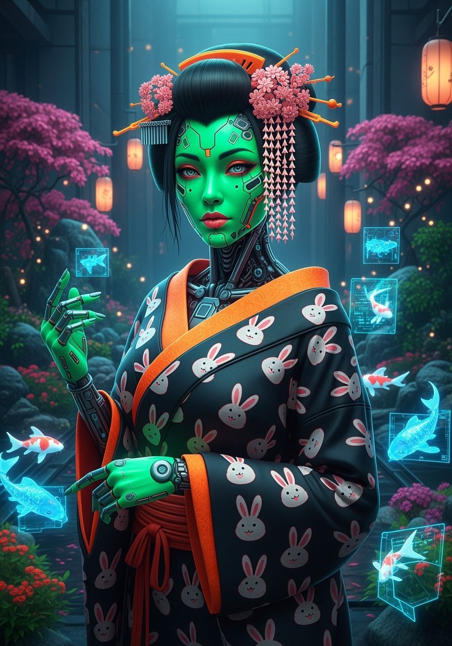 Neon Android Geisha in Cyberpunk Garden