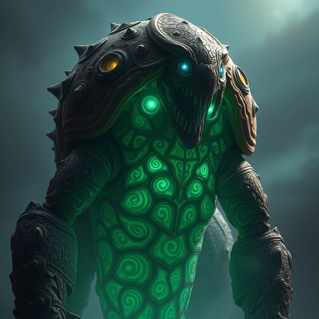 Glowing Armored Creature with Ethereal Green Bioluminescence