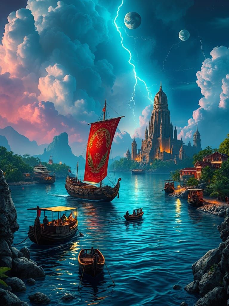 Epic Sci-Fi Masterpiece: Maximalist Seaside Village on a Tro...
