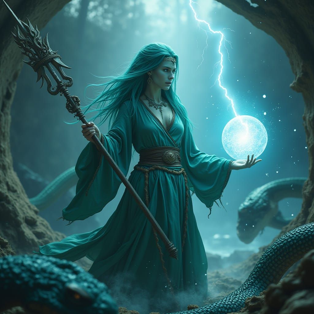Aquatic Elf Battles Sea Serpents with Lightning Magic