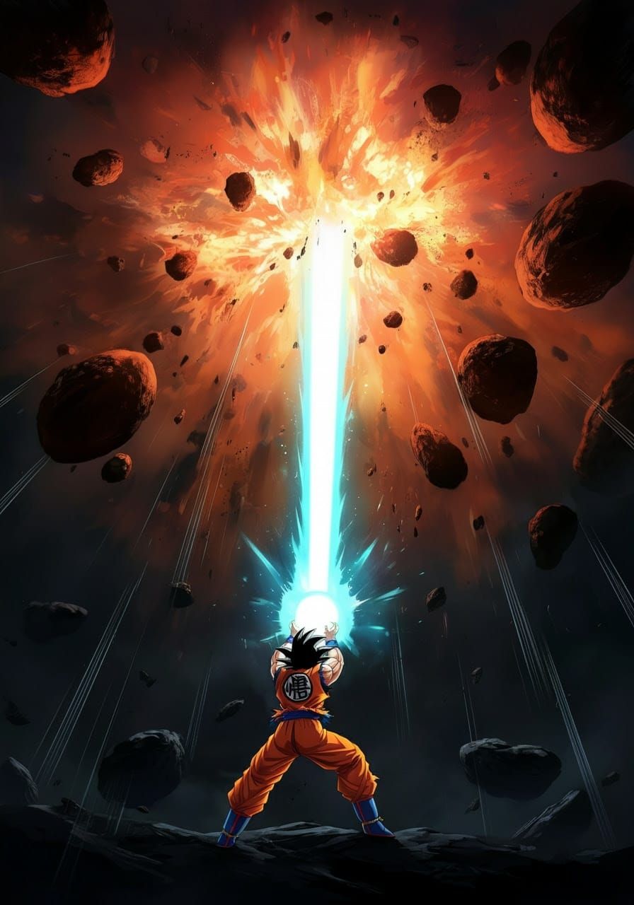 Goku Unleashes Kamehameha Energy Blast, Destroying a Giant M...