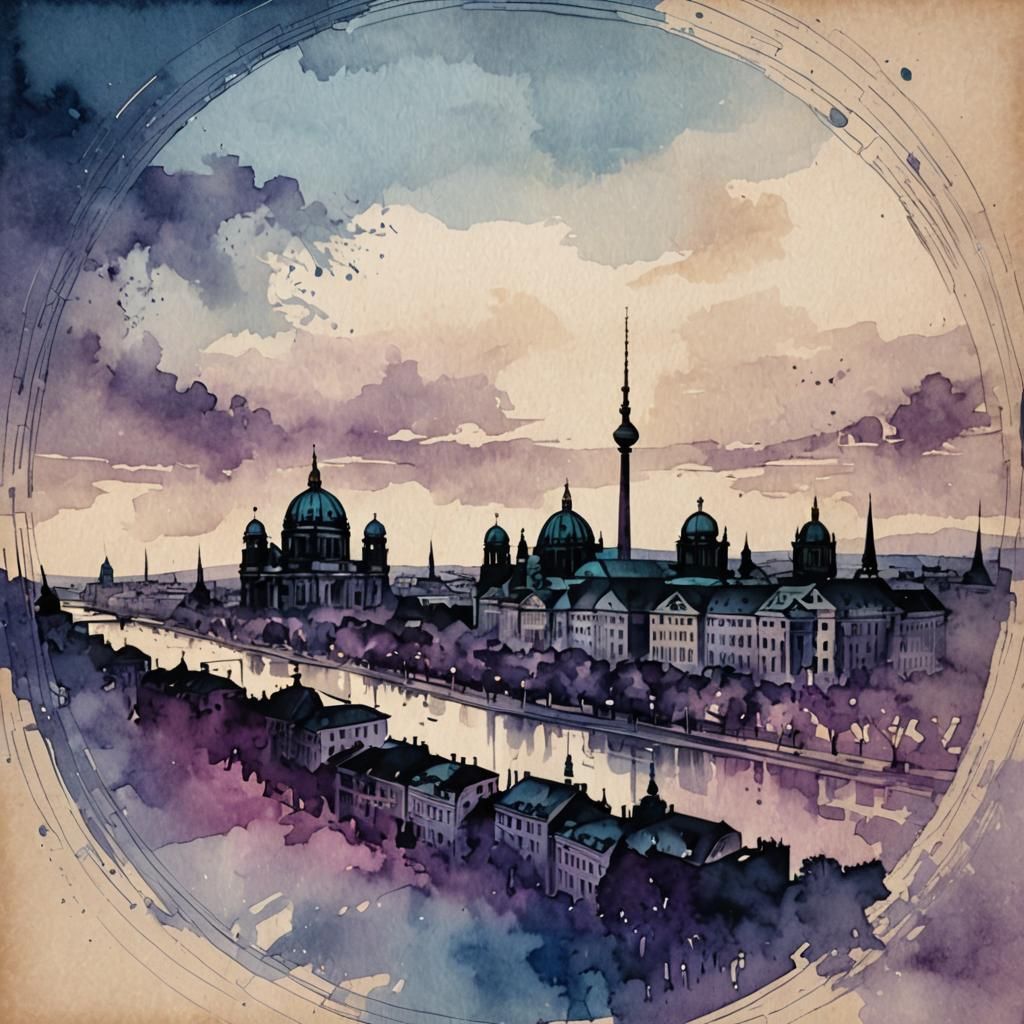 Berlin City Dusk: Pen and Ink Minimalist Illustration