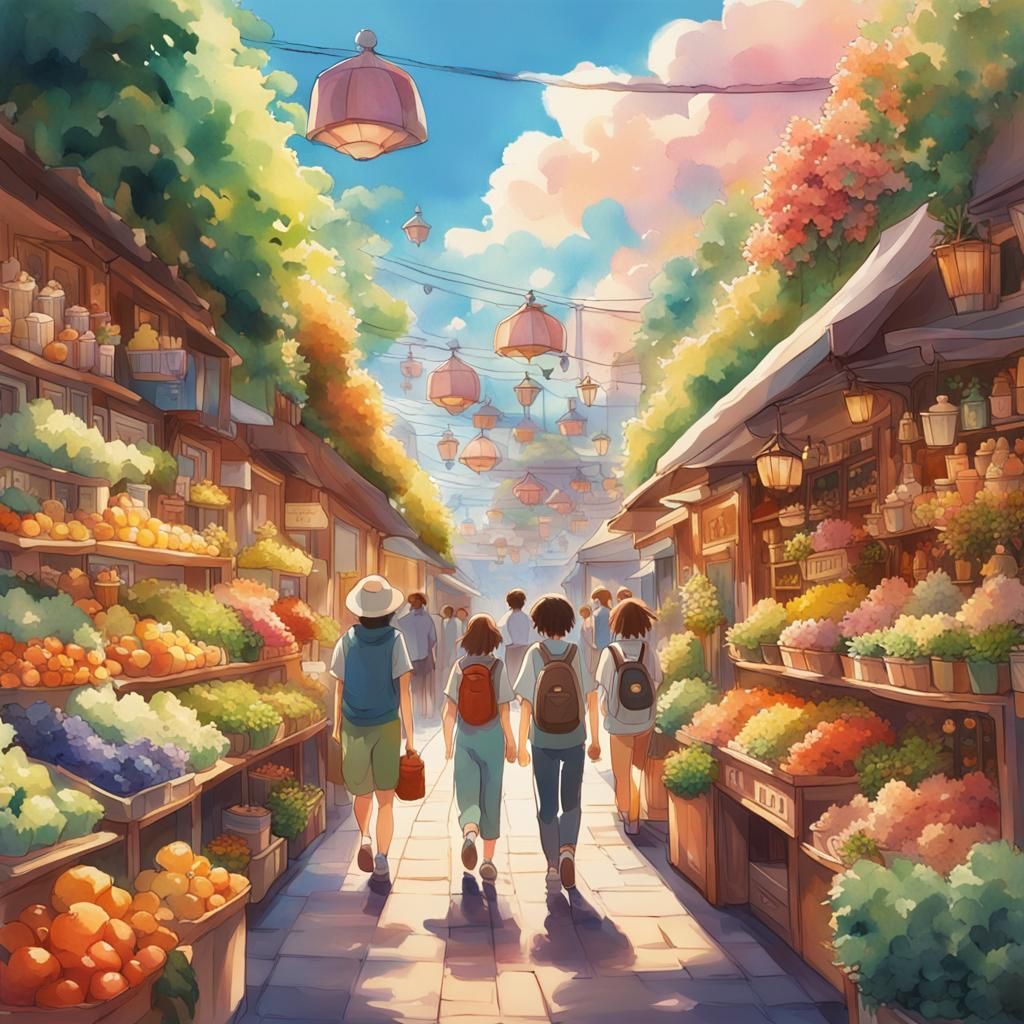 Anime Friends at Plant Market in Ghibli Style
