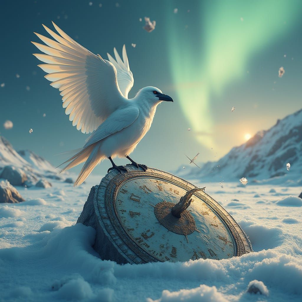 Iidescent Raven on Sundial in Painterly Style