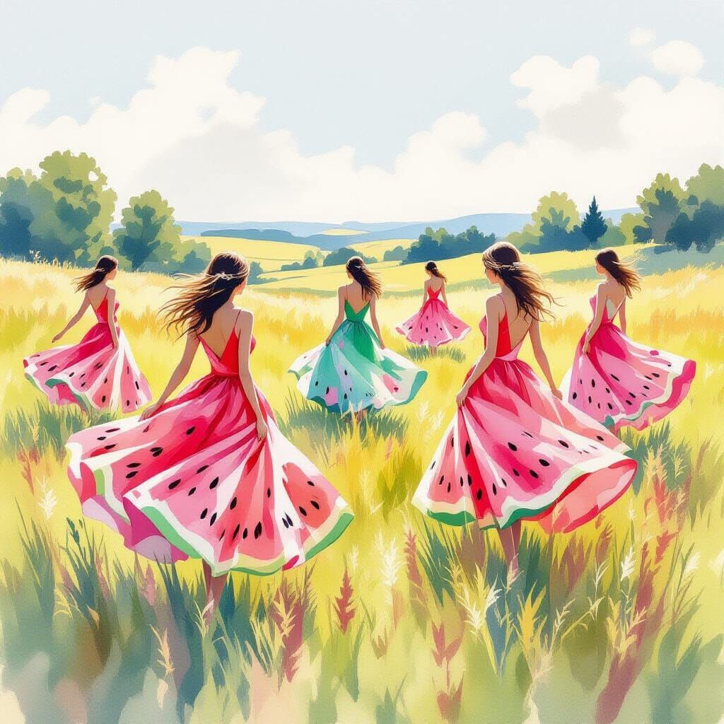Watermelon Dresses Swaying in a Meadow: Watercolor Painting