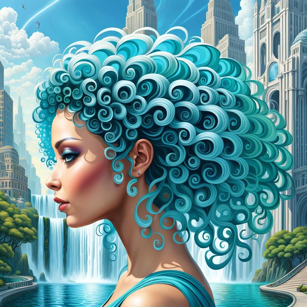 Teal Afro Waterfalls: Psychedelic Brain City Art