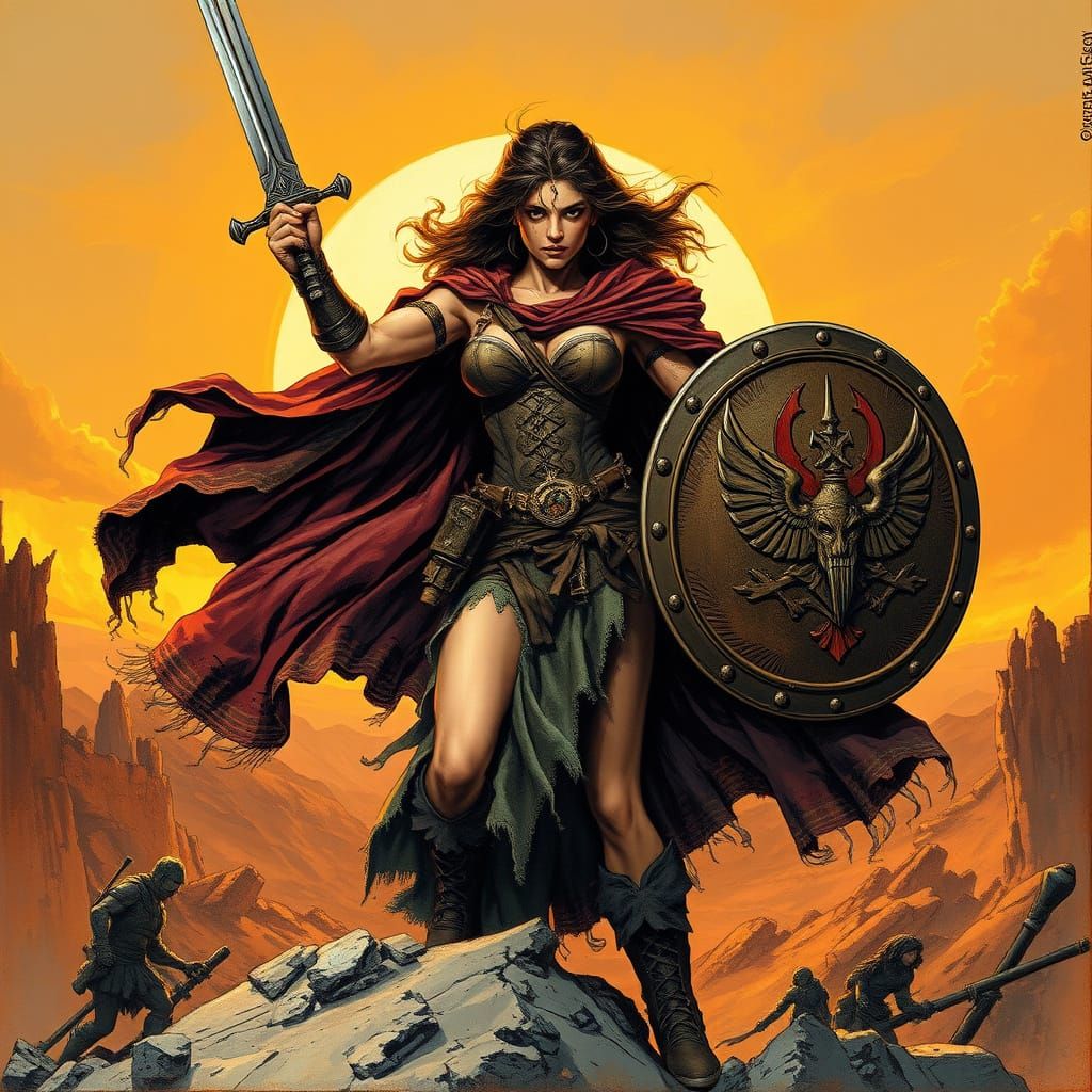 Female Warrior Triumphs Over Ruins in a Fiery Sunset