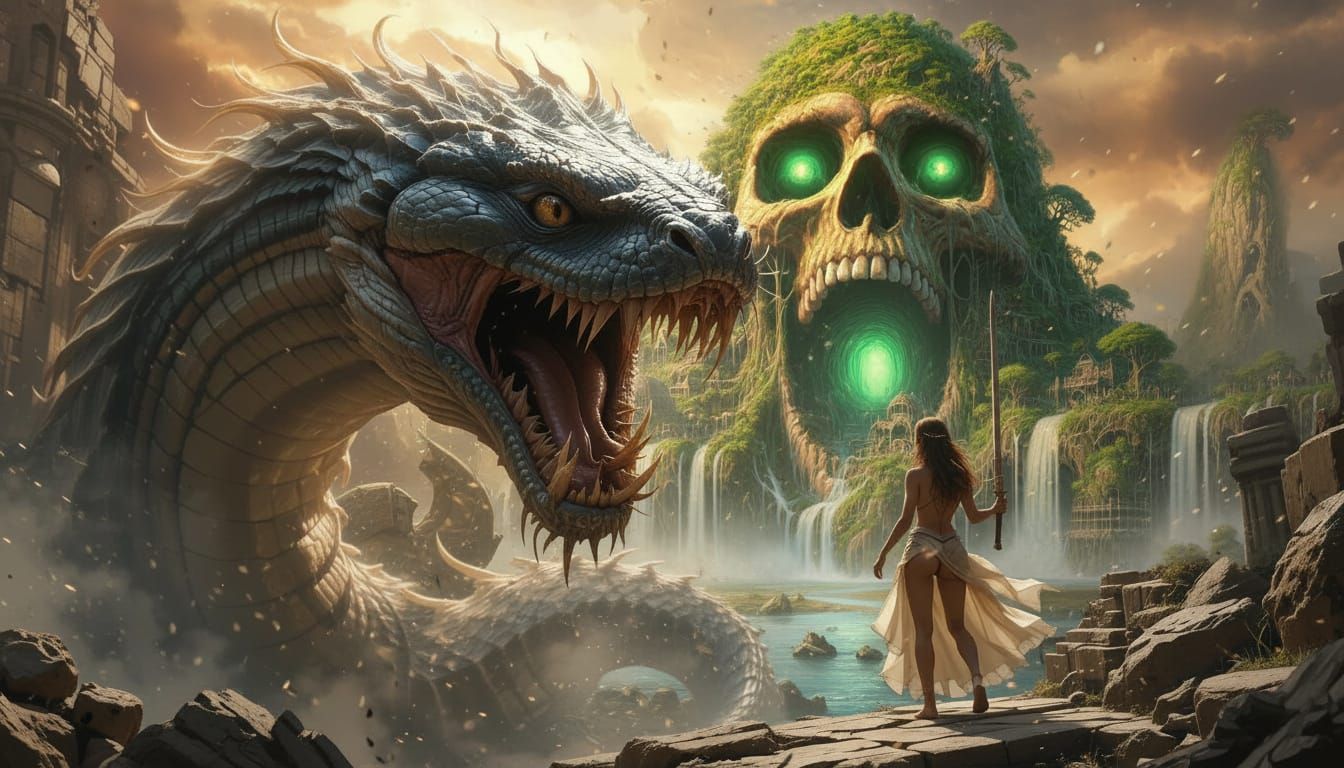 Warrior Princess Battles Reptilian Beast Before Skull Mounta...