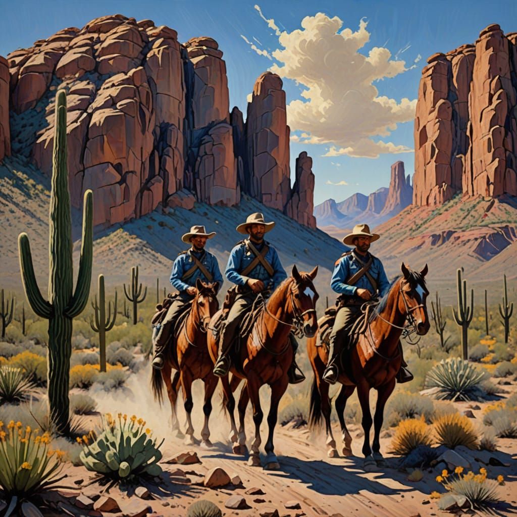Vintage U.S. Cavalry Patrol in the Desert Southwest Landscap...