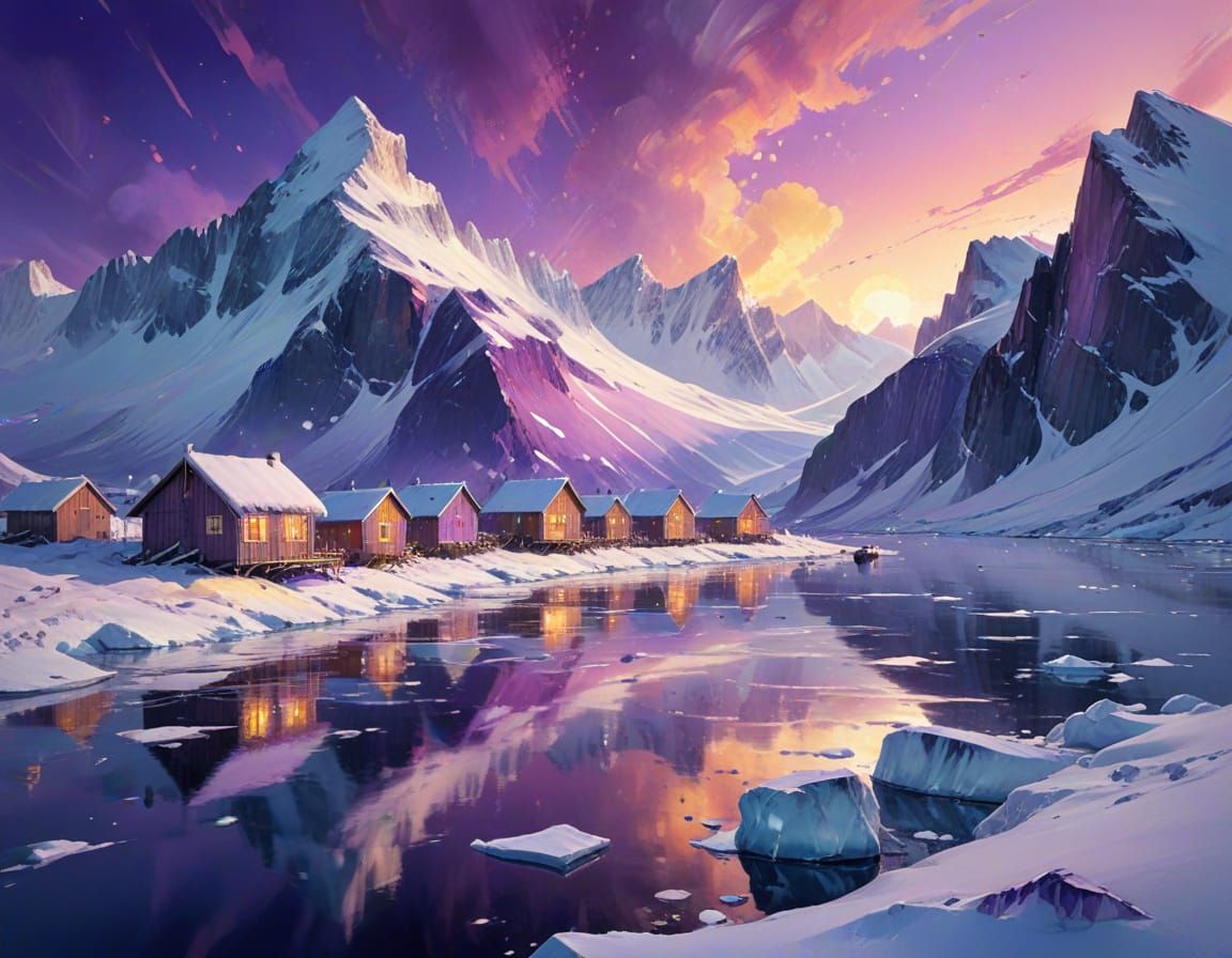 Arctic Fjord Aurora at Twilight, Watercolor Painting