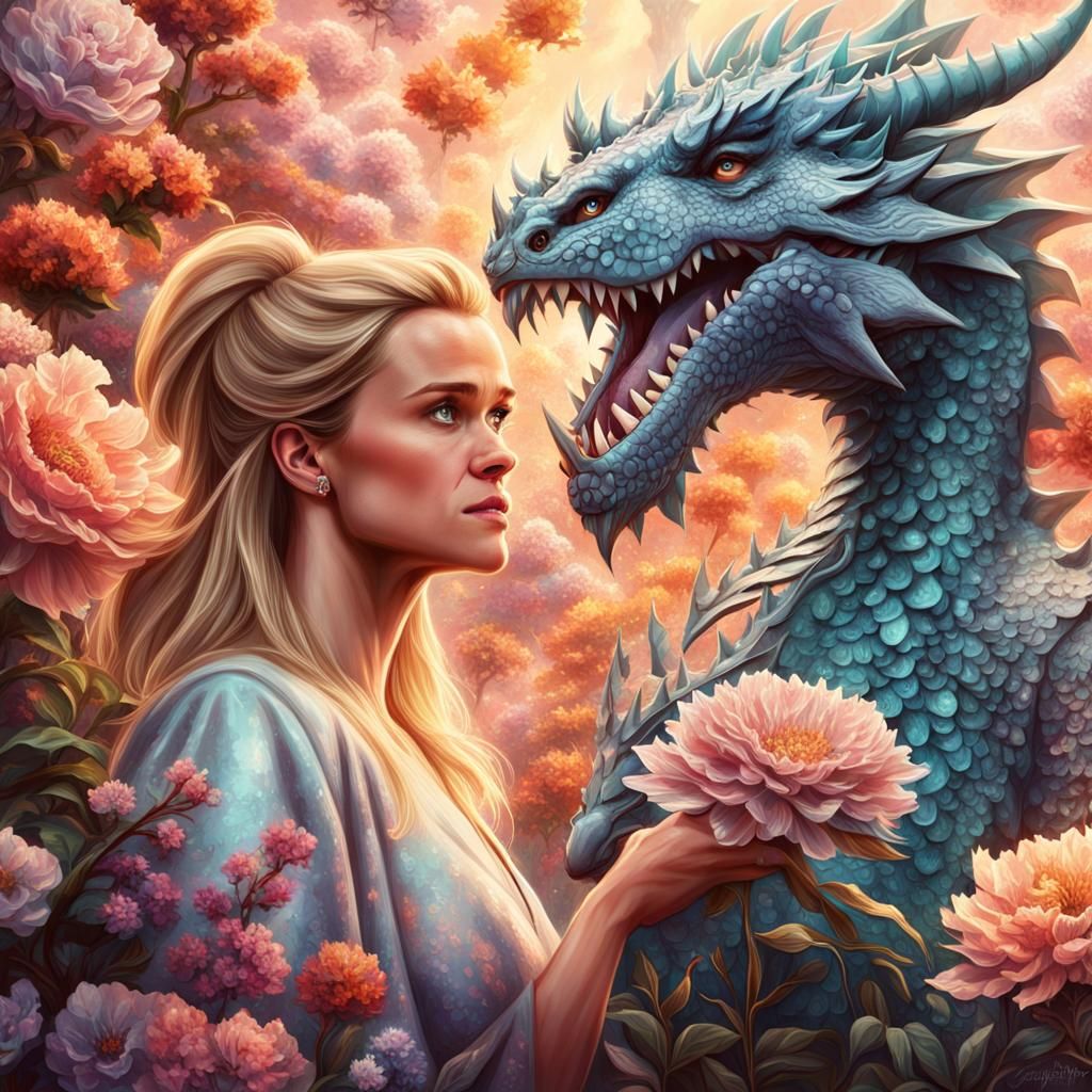 Reese Witherspoon and Dragon in Alchemical Garden