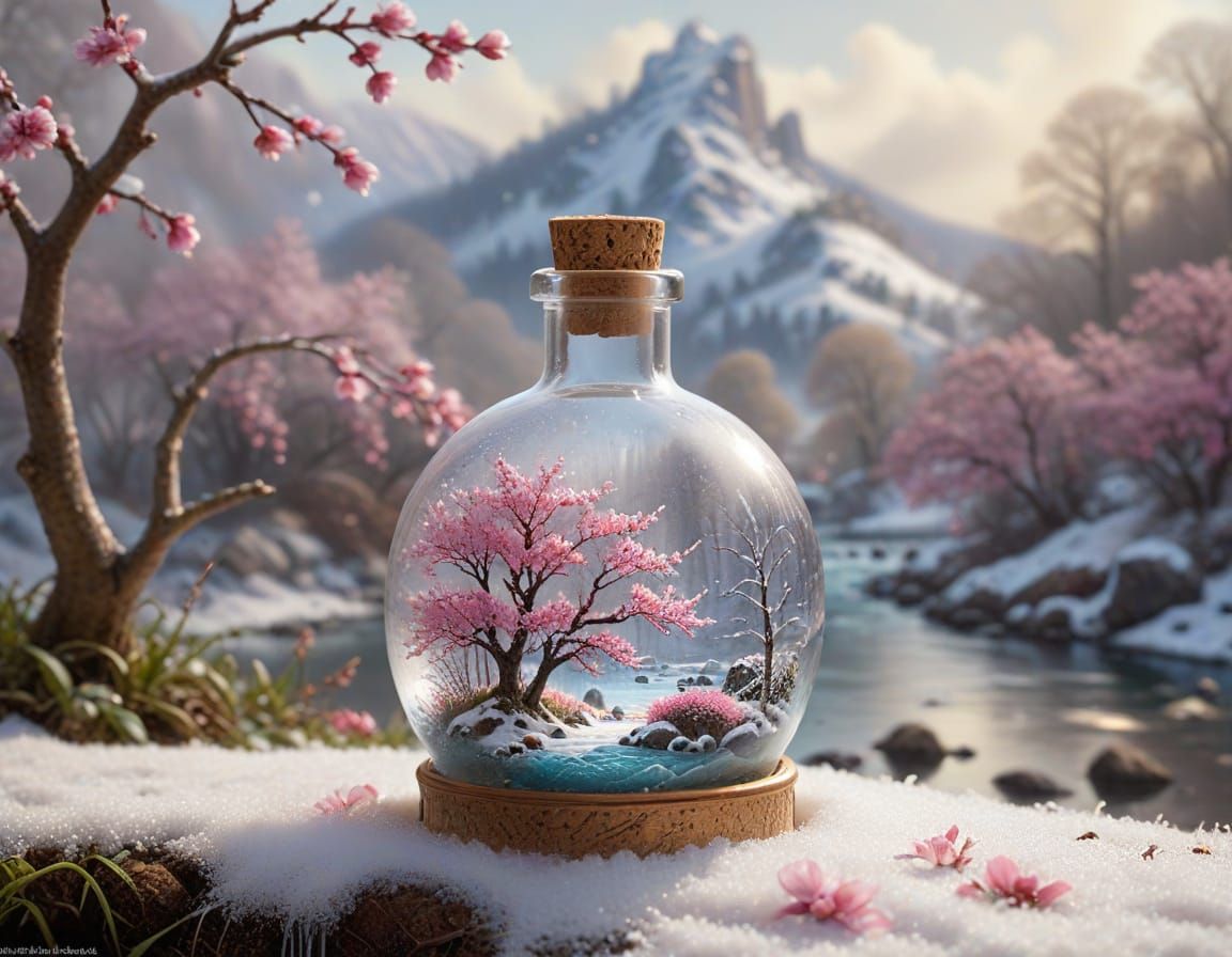 Glass Bottle with Miniature Spring Landscape in Snow