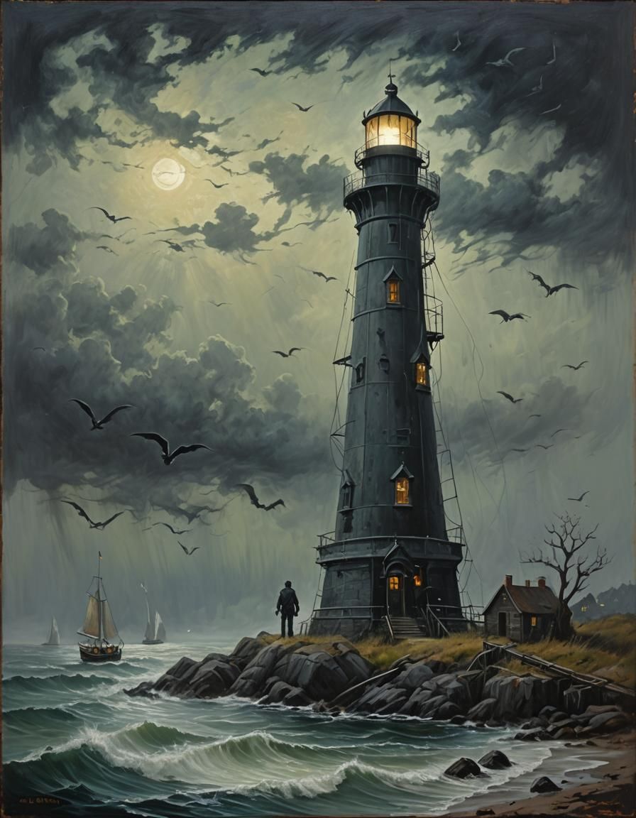Gothic Lighthouse Fisherman in Ghostly Oil Painting
