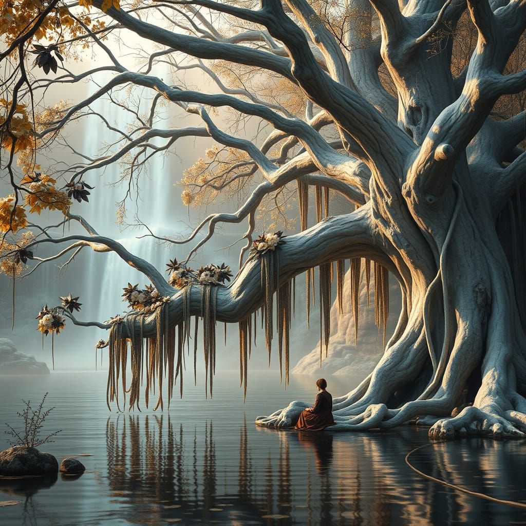 Ancient White Tree by Serene Pond in Sunset Golden Hues