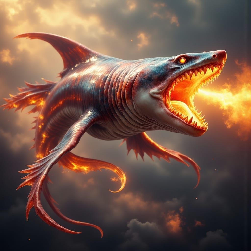 Surreal Flying Shark Soars Through Ethereal Skies