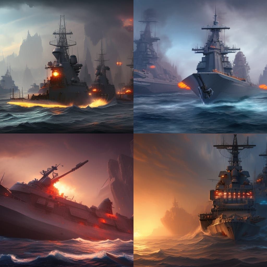 Detailed Warships Matte Painting in Deep Color